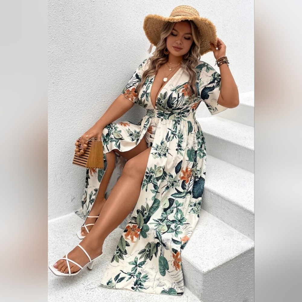 Tropical Print Plunging Neck Foldover Romper